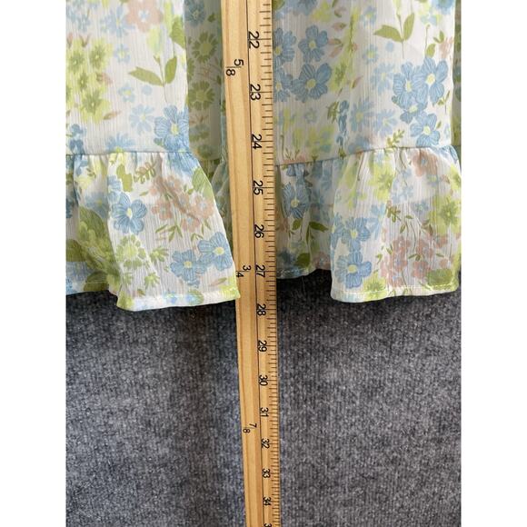 Maden NYC Junior's Green and Blue Floral Smocked Cut-out Mini Dress Puff Sleeve - Picture 4 of 12